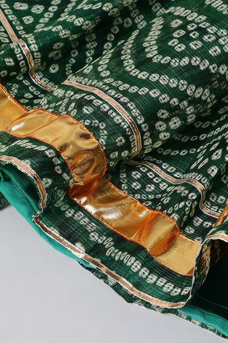 Shop_Byb Premium_Green Denim Pom-poms Bandhani Print Lehenga Set 