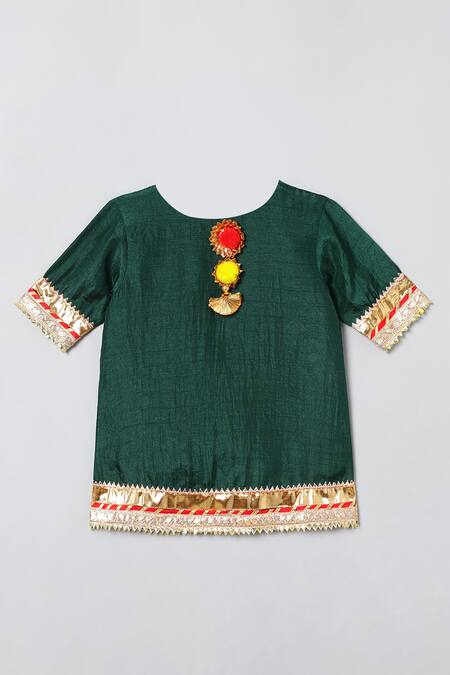 Buy_Byb Premium_Green Chiffon Gota Patti, Pom-poms Round Neck Kurta Lehenga Set _Online_at_Aza_Fashions