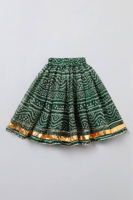 Shop_Byb Premium_Green Chiffon Gota Patti, Pom-poms Round Neck Kurta Lehenga Set _Online_at_Aza_Fashions