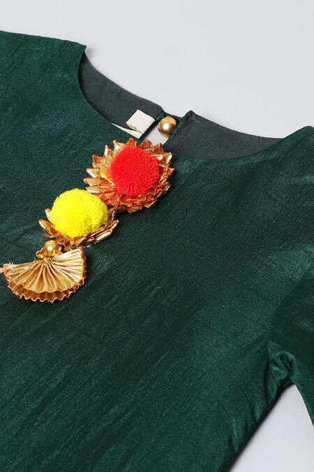 Byb Premium_Green Chiffon Gota Patti, Pom-poms Round Neck Kurta Lehenga Set _at_Aza_Fashions