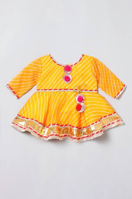 Byb Premium_Yellow Kota Doria Patti, Pom-poms Leheriya Print Top And Sharara Set _Online_at_Aza_Fashions