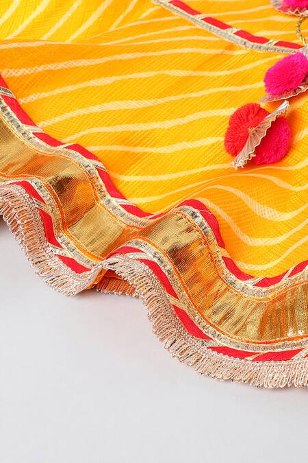 Byb Premium_Yellow Kota Doria Patti, Pom-poms Leheriya Print Top And Sharara Set _at_Aza_Fashions