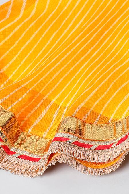 Shop_Byb Premium_Yellow Kota Doria Patti, Pom-poms Leheriya Print Top And Sharara Set 