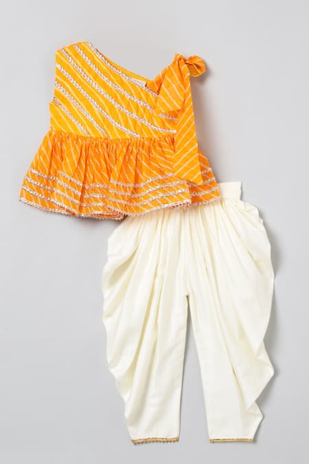 Byb Premium Yellow Kota Doria, Cotton Patti, Leheriya Print Top And Dhoti Pant Set