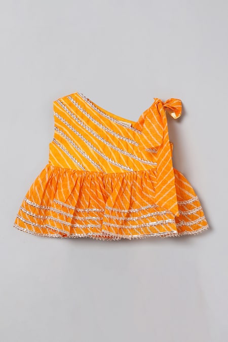 Byb Premium_Yellow Kota Doria, Cotton Patti, Leheriya Print Top And Dhoti Pant Set _Online_at_Aza_Fashions