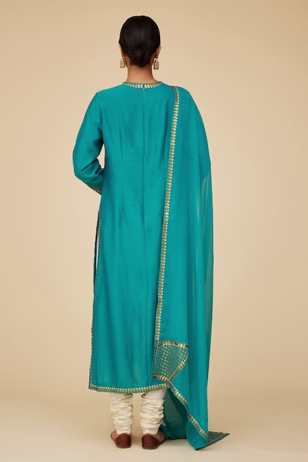 Shop Priyal Prakash Blue Chanderi, Cotton, Viscose Embroidery, Sequins Round Tikki Jaal Kurta Set at Aza Fashions Shop_Priyal Prakash_Blue Chanderi, Cotton, Viscose Embroidery, Sequins Round Tikki Jaal Kurta Set _at_Aza_Fashions