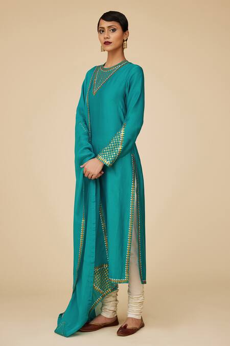 Priyal Prakash Blue Chanderi, Cotton, Viscose Embroidery, Sequins Round Tikki Jaal Kurta Set Online at Aza Fashions Priyal Prakash_Blue Chanderi, Cotton, Viscose Embroidery, Sequins Round Tikki Jaal Kurta Set _Online_at_Aza_Fashions