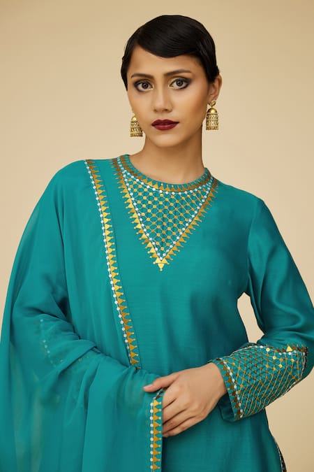 Shop Priyal Prakash Blue Chanderi, Cotton, Viscose Embroidery, Sequins Round Tikki Jaal Kurta Set Online at Aza Fashions Shop_Priyal Prakash_Blue Chanderi, Cotton, Viscose Embroidery, Sequins Round Tikki Jaal Kurta Set _Online_at_Aza_Fashions
