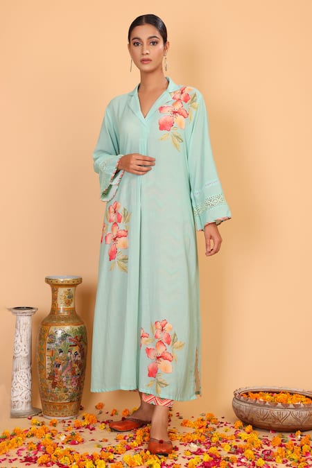 Nazar By Indu_Blue Cotton, Georgette Embroidery Collared Floral Pattern Shirt Kurta And Pant Set _Online_at_Aza_Fashions