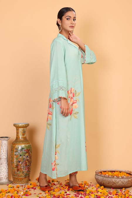 Buy_Nazar By Indu_Blue Cotton, Georgette Embroidery Collared Floral Pattern Shirt Kurta And Pant Set _Online_at_Aza_Fashions