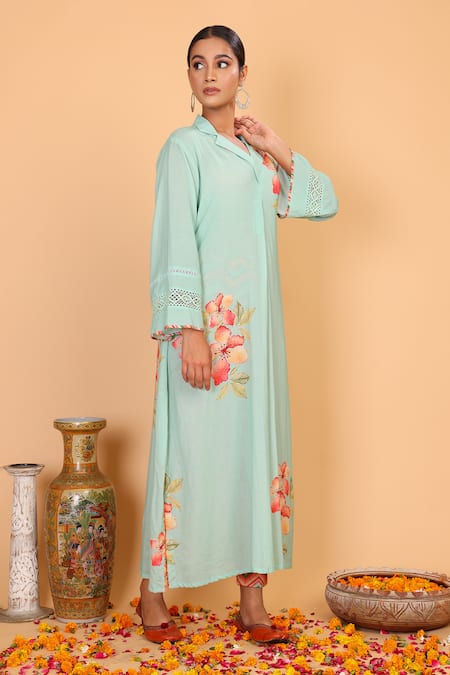 Shop_Nazar By Indu_Blue Cotton, Georgette Embroidery Collared Floral Pattern Shirt Kurta And Pant Set _Online_at_Aza_Fashions