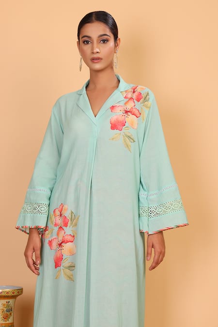Nazar By Indu_Blue Cotton, Georgette Embroidery Collared Floral Pattern Shirt Kurta And Pant Set _at_Aza_Fashions