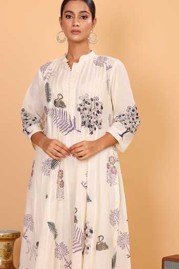 Nazar By Indu_White Cotton Embroidery Mandarin Collar Jungle Print Anarkali Pant Set _Online_at_Aza_Fashions