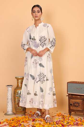 Buy_Nazar By Indu_White Cotton Embroidery Mandarin Collar Jungle Print Anarkali Pant Set _Online_at_Aza_Fashions