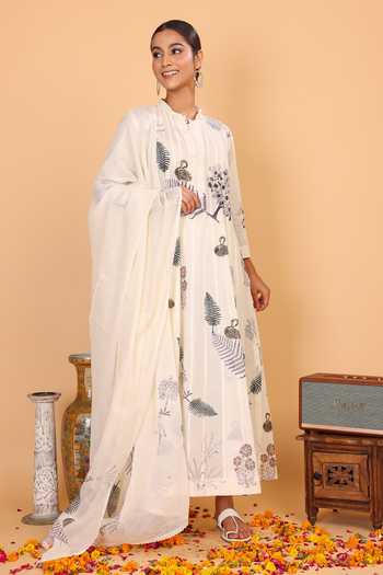 Shop_Nazar By Indu_White Cotton Embroidery Mandarin Collar Jungle Print Anarkali Pant Set _Online_at_Aza_Fashions