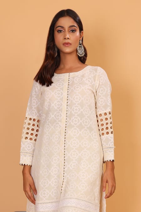 Buy_Nazar By Indu_Off White Cotton Cut Work Round Neck Sleeve Kurta And Pant Set _Online_at_Aza_Fashions