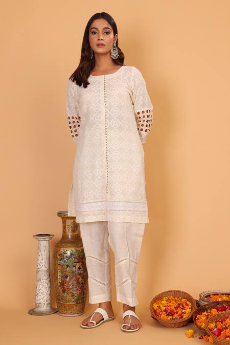 Shop_Nazar By Indu_Off White Cotton Cut Work Round Neck Sleeve Kurta And Pant Set _Online_at_Aza_Fashions