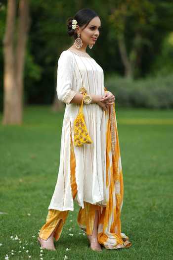Nazar By Indu White Cotton Embroidery, Gota Patti Boat Neck Kurta Ikat Print Pant Set Online at Aza Fashions Nazar By Indu_White Cotton Embroidery, Gota Patti Boat Neck Kurta Ikat Print Pant Set _Online_at_Aza_Fashions