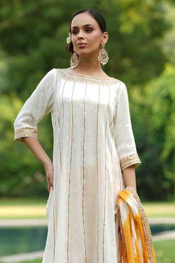 Shop Nazar By Indu White Cotton Embroidery, Gota Patti Boat Neck Kurta Ikat Print Pant Set Online at Aza Fashions Shop_Nazar By Indu_White Cotton Embroidery, Gota Patti Boat Neck Kurta Ikat Print Pant Set _Online_at_Aza_Fashions