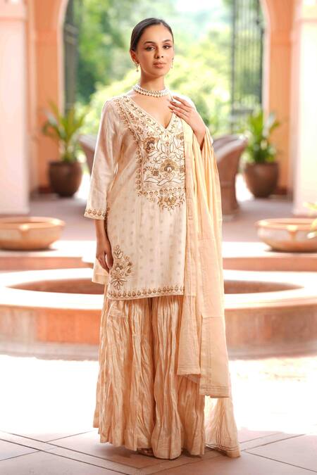 Nazar By Indu_Beige Cotton Embroidery V-neck Block Print Kurta Gharara Set _Online_at_Aza_Fashions