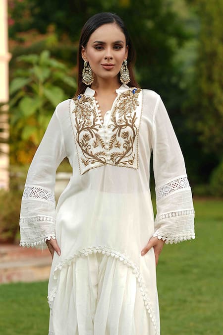 Buy Nazar By Indu White Cotton, Georgette Tassels Collared Sleeve Kurta And Dhoti Pant Set Online at Aza Fashions Buy_Nazar By Indu_White Cotton, Georgette Tassels Collared Sleeve Kurta And Dhoti Pant Set _Online_at_Aza_Fashions