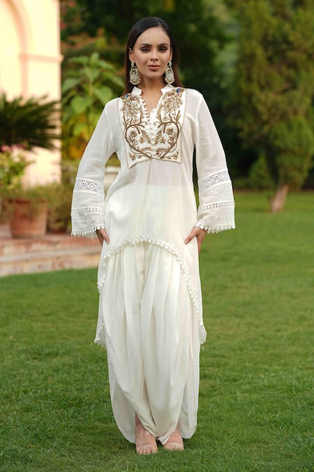 Shop Nazar By Indu White Cotton, Georgette Tassels Collared Sleeve Kurta And Dhoti Pant Set Online at Aza Fashions Shop_Nazar By Indu_White Cotton, Georgette Tassels Collared Sleeve Kurta And Dhoti Pant Set _Online_at_Aza_Fashions