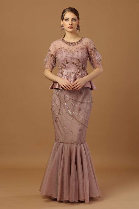 Buy_Merge Design_Pink Net, Modal, Organza Beads, Embroidered Peplum Top With Fish Cut Skirt _Online_at_Aza_Fashions
