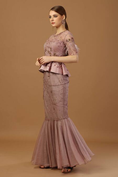 Shop_Merge Design_Pink Net, Modal, Organza Beads, Embroidered Peplum Top With Fish Cut Skirt _Online_at_Aza_Fashions