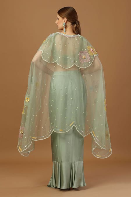 Merge Design Green Net, Organza, Modal, Satin Stones, Draped Skirt Set With Floral Shrug Online at Aza Fashions Merge Design_Green Net, Organza, Modal, Satin Stones, Draped Skirt Set With Floral Shrug _Online_at_Aza_Fashions