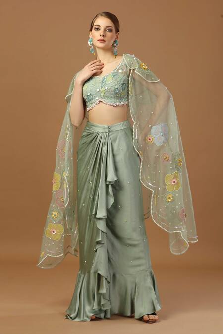 Buy Merge Design Green Net, Organza, Modal, Satin Stones, Draped Skirt Set With Floral Shrug Online at Aza Fashions Buy_Merge Design_Green Net, Organza, Modal, Satin Stones, Draped Skirt Set With Floral Shrug _Online_at_Aza_Fashions