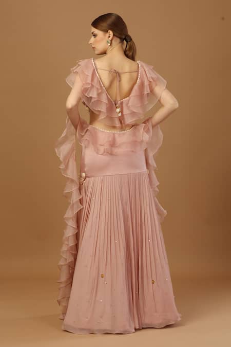 Merge Design_Pink Net, Georgette, Organza Embroidery, Pleated Skirt Set With Ruffle Dupatta _Online_at_Aza_Fashions