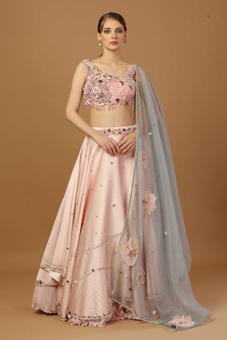 Merge Design Pink Net, Organza, Modal Embroidery, Applique Asymmetric Layered Lehenga Set 