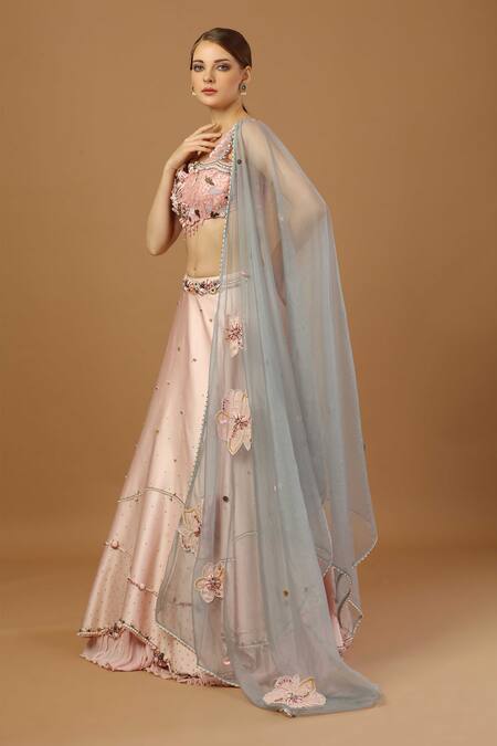 Buy Merge Design Pink Net, Organza, Modal Embroidery, Applique Asymmetric Layered Lehenga Set Online at Aza Fashions Buy_Merge Design_Pink Net, Organza, Modal Embroidery, Applique Asymmetric Layered Lehenga Set _Online_at_Aza_Fashions