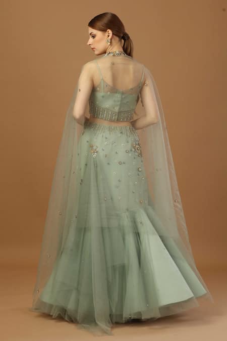 Merge Design Green Net, Crepe Stones, Cut Work, Beads Fish Lehenga Embroidered Blouse Set Online at Aza Fashions Merge Design_Green Net, Crepe Stones, Cut Work, Beads Fish Lehenga Embroidered Blouse Set _Online_at_Aza_Fashions