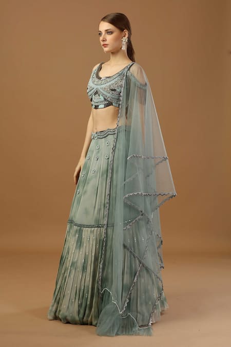 Buy_Merge Design_Green Net, Georgette Sequins, Beads Scoop Tie Dye Skirt Embroidered Blouse Set _Online_at_Aza_Fashions
