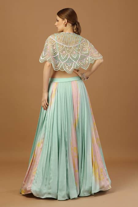 Merge Design Green Net, Modal, Satin Beads, Embroidery Tie Dye Skirt Set With Shrug Online at Aza Fashions Merge Design_Green Net, Modal, Satin Beads, Embroidery Tie Dye Skirt Set With Shrug _Online_at_Aza_Fashions