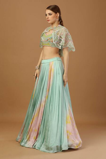 Buy Merge Design Green Net, Modal, Satin Beads, Embroidery Tie Dye Skirt Set With Shrug Online at Aza Fashions Buy_Merge Design_Green Net, Modal, Satin Beads, Embroidery Tie Dye Skirt Set With Shrug _Online_at_Aza_Fashions