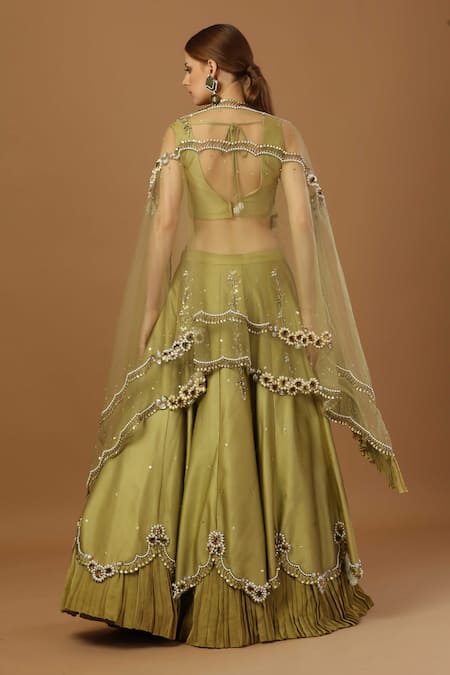 Merge Design Green Modal, Net, Crepe Embroidery, Beads V-neck Floral Lehenga Set Online at Aza Fashions Merge Design_Green Modal, Net, Crepe Embroidery, Beads V-neck Floral Lehenga Set _Online_at_Aza_Fashions