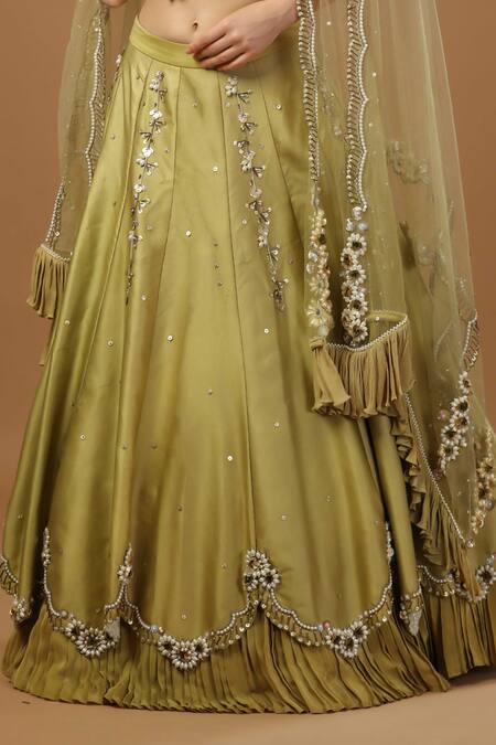 Buy Merge Design Green Modal, Net, Crepe Embroidery, Beads V-neck Floral Lehenga Set Online at Aza Fashions Buy_Merge Design_Green Modal, Net, Crepe Embroidery, Beads V-neck Floral Lehenga Set _Online_at_Aza_Fashions