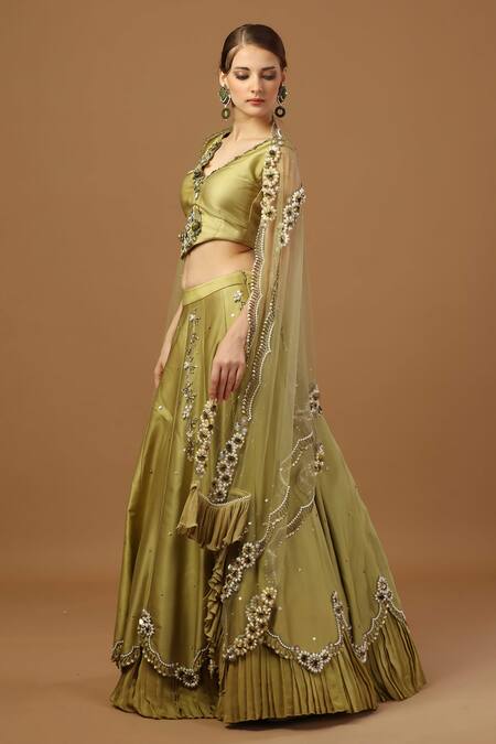 Shop Merge Design Green Modal, Net, Crepe Embroidery, Beads V-neck Floral Lehenga Set Online at Aza Fashions Shop_Merge Design_Green Modal, Net, Crepe Embroidery, Beads V-neck Floral Lehenga Set _Online_at_Aza_Fashions