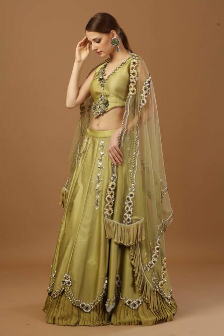 Merge Design Green Modal, Net, Crepe Embroidery, Beads V-neck Floral Lehenga Set at Aza Fashions Merge Design_Green Modal, Net, Crepe Embroidery, Beads V-neck Floral Lehenga Set _at_Aza_Fashions