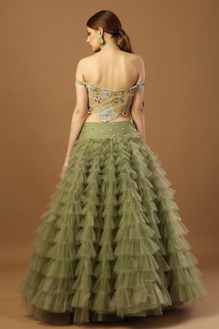 Merge Design Green Net, Crepe Embroidery, Applique Halter Frill Skirt With Floral Blouse Online at Aza Fashions Merge Design_Green Net, Crepe Embroidery, Applique Halter Frill Skirt With Floral Blouse _Online_at_Aza_Fashions