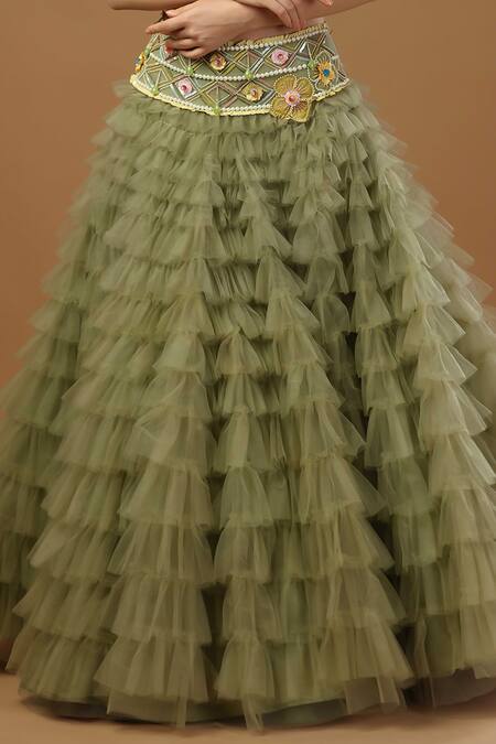 Buy Merge Design Green Net, Crepe Embroidery, Applique Halter Frill Skirt With Floral Blouse Online at Aza Fashions Buy_Merge Design_Green Net, Crepe Embroidery, Applique Halter Frill Skirt With Floral Blouse _Online_at_Aza_Fashions