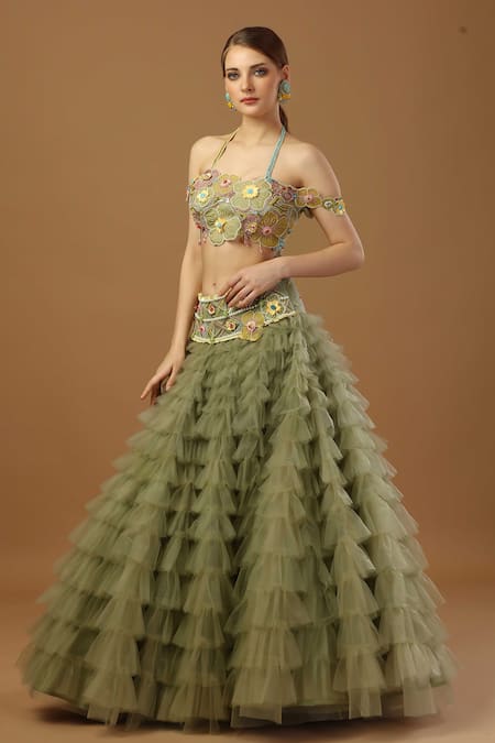 Shop Merge Design Green Net, Crepe Embroidery, Applique Halter Frill Skirt With Floral Blouse Online at Aza Fashions Shop_Merge Design_Green Net, Crepe Embroidery, Applique Halter Frill Skirt With Floral Blouse _Online_at_Aza_Fashions