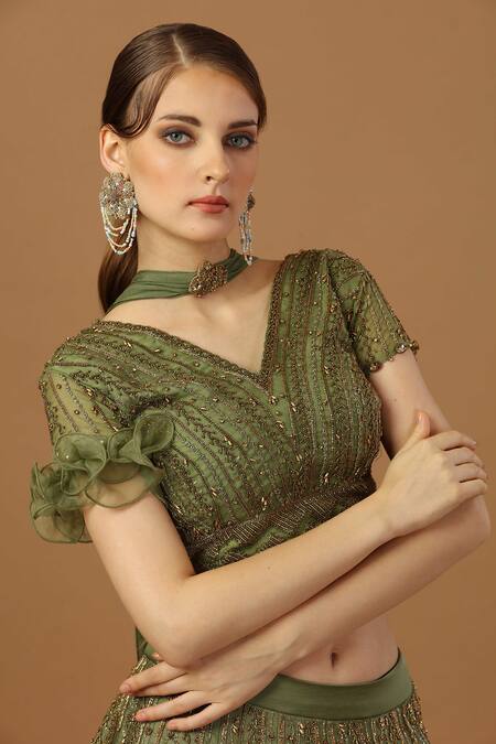Buy_Merge Design_Green Modal, Satin, Chiffon Stones, Zari, Cut Ruffle Sleeve Blouse Lehenga Set _Online_at_Aza_Fashions
