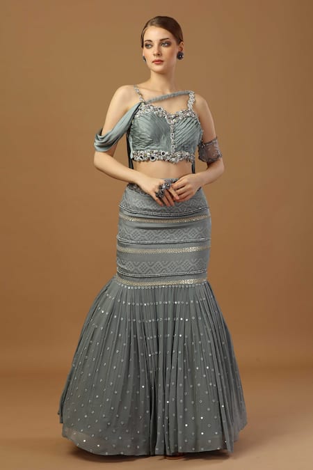 Buy Blue Blouse Modal Satin Pleated Draped With Fish Cut Skirt For 