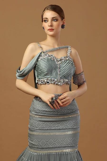 Buy_Merge Design_Blue Modal, Satin, Georgette Cut Work, Pleated Draped Blouse With Fish Skirt _Online_at_Aza_Fashions