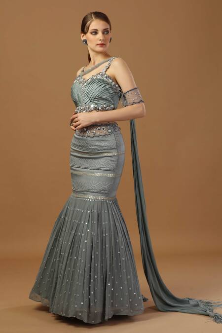 Shop_Merge Design_Blue Modal, Satin, Georgette Cut Work, Pleated Draped Blouse With Fish Skirt _Online_at_Aza_Fashions