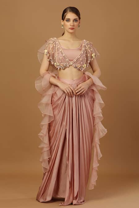 Merge Design Pink Net, Modal, Organza Cut Work, Embroidered Blouse With Draped Dhoti Skirt 