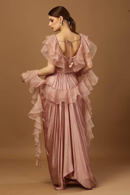 Merge Design Pink Net, Modal, Organza Cut Work, Embroidered Blouse With Draped Dhoti Skirt Online at Aza Fashions Merge Design_Pink Net, Modal, Organza Cut Work, Embroidered Blouse With Draped Dhoti Skirt _Online_at_Aza_Fashions